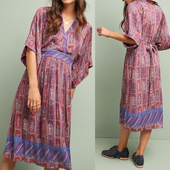 Anthropologie Dresses & Skirts - Anthropologie Tiny Omina Kimono Red Purple Printed Midi Dress Small